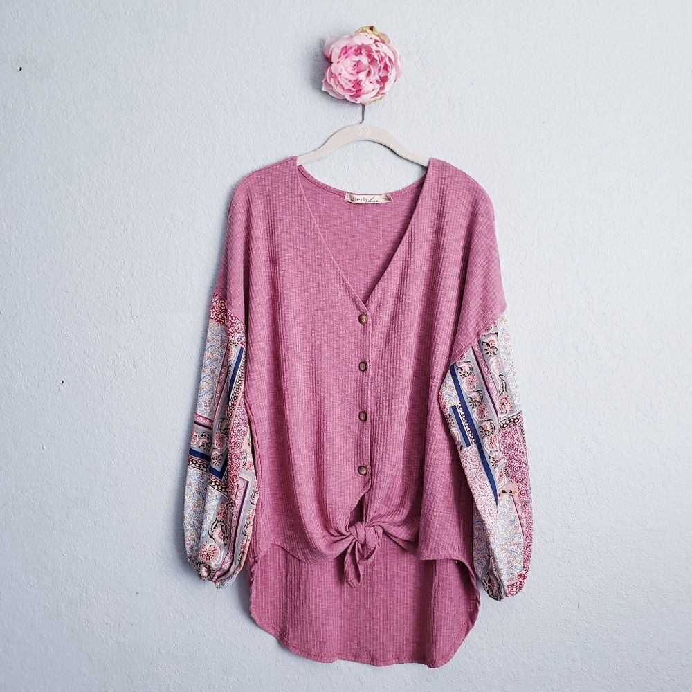 Mauve Waffle Knit Front Tie Mixed Media Sleeve Top